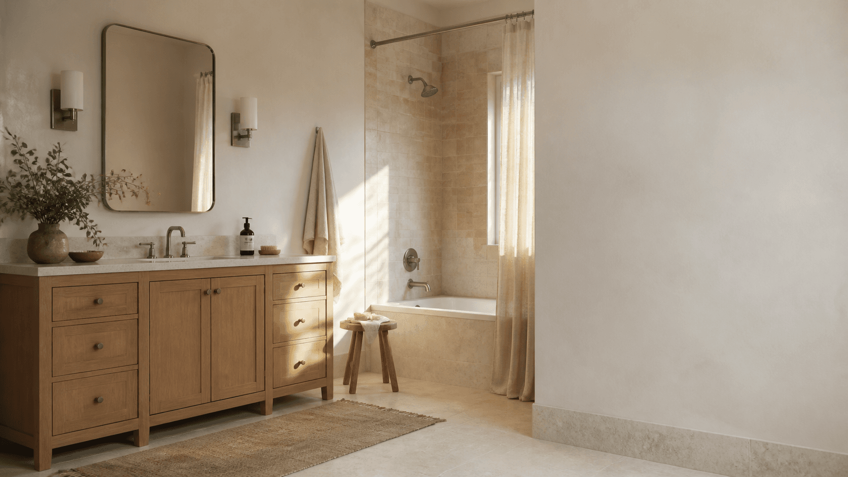 Bathroom vanity with drawer storage and a bathtub