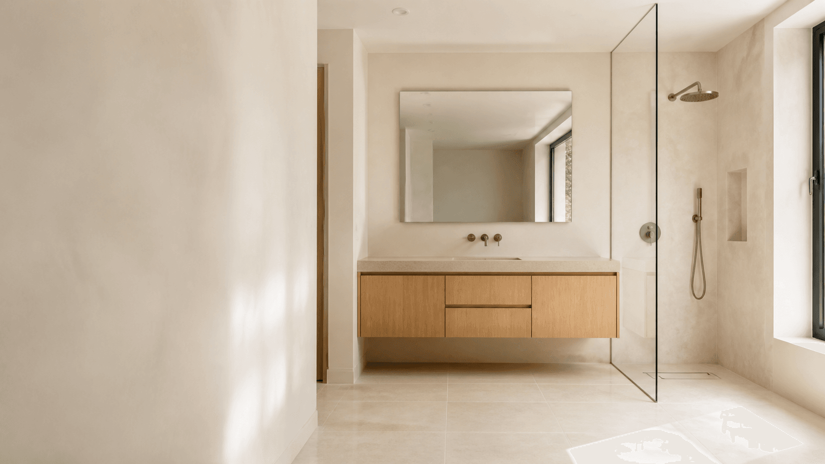 Bright bathroom with a glass walk-in shower