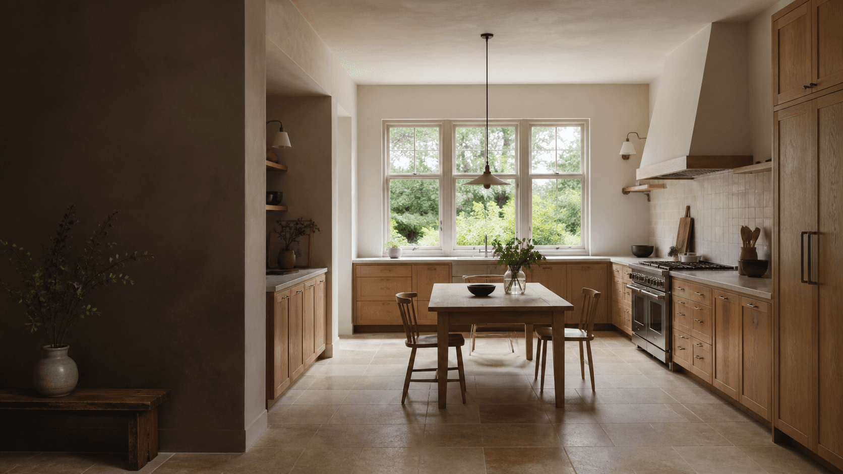 Kitchen with wood cabinets and open shelving