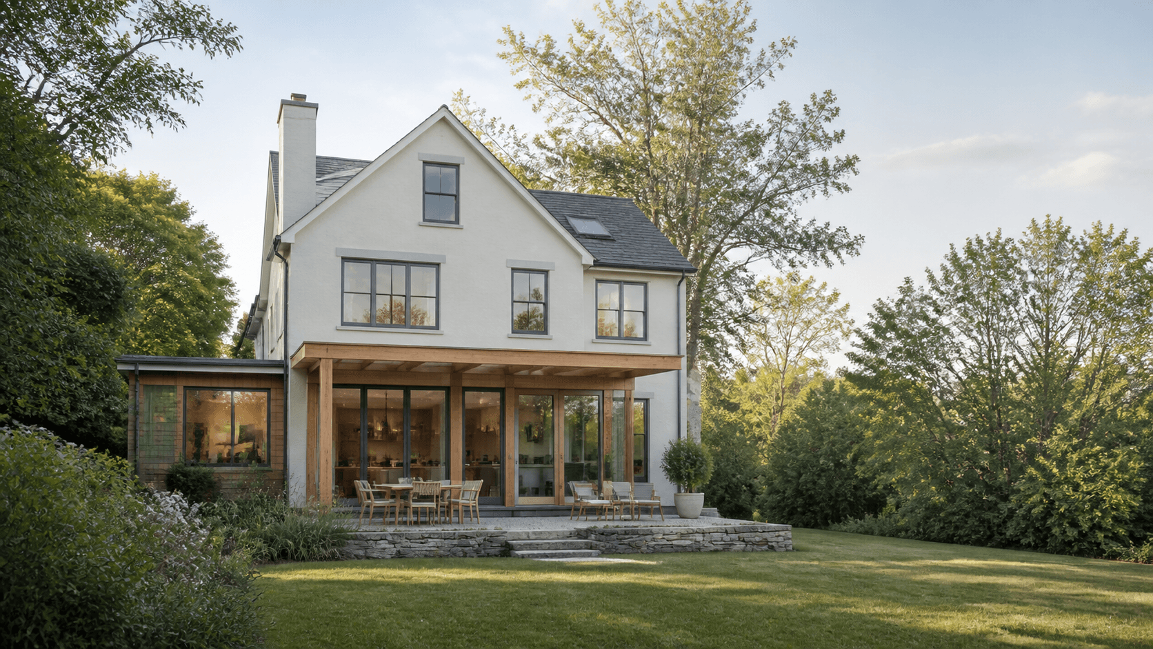 Rear view of a home with an addition