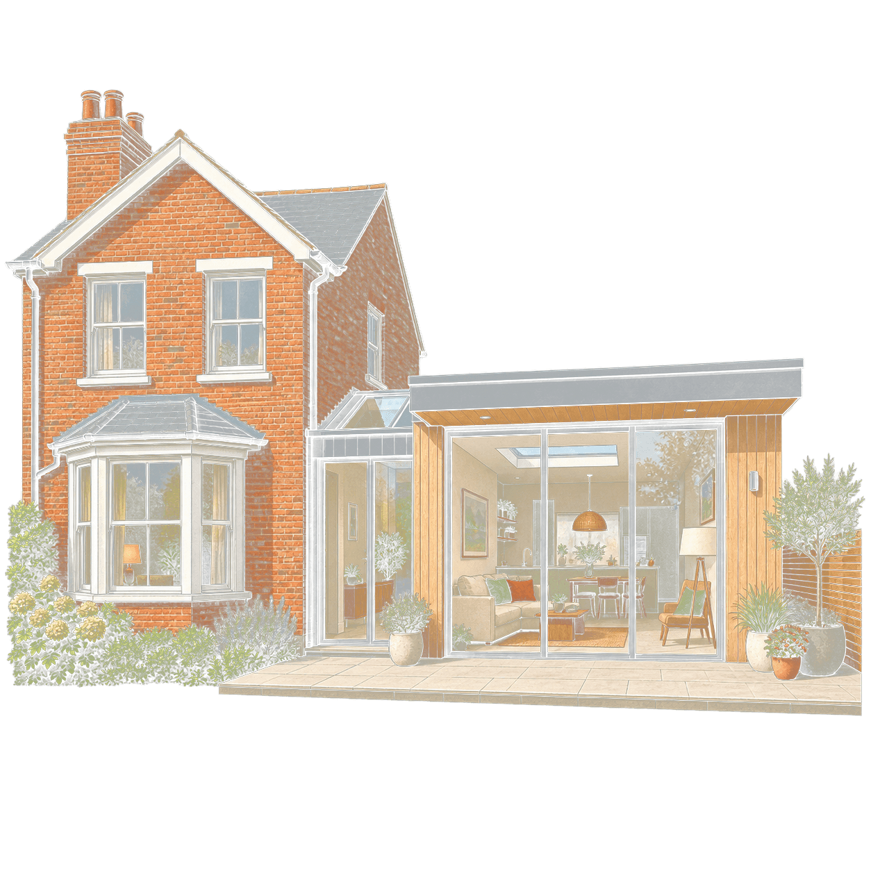 Illustration of a home addition connected to an existing house