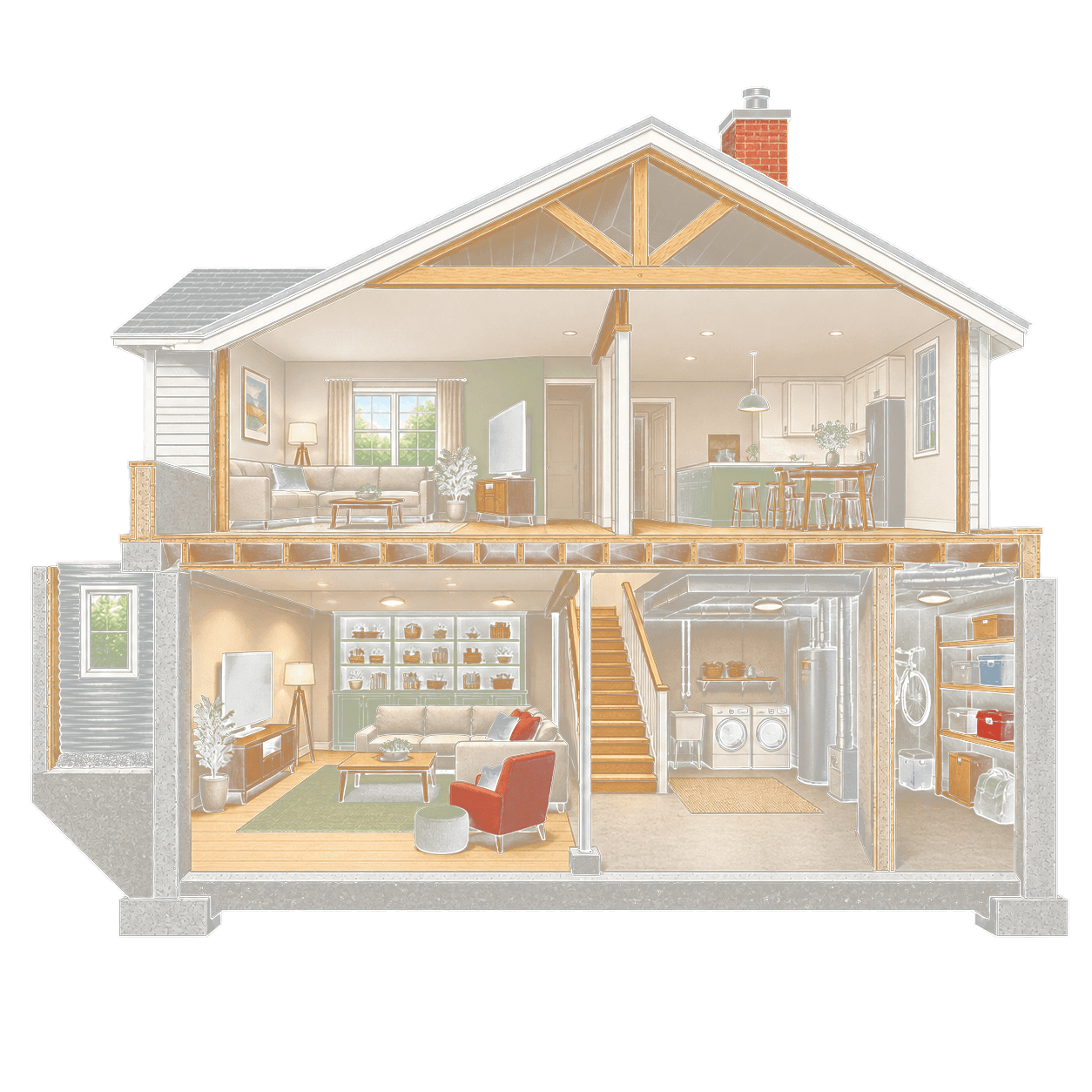 Illustration of a finished basement with seating and storage