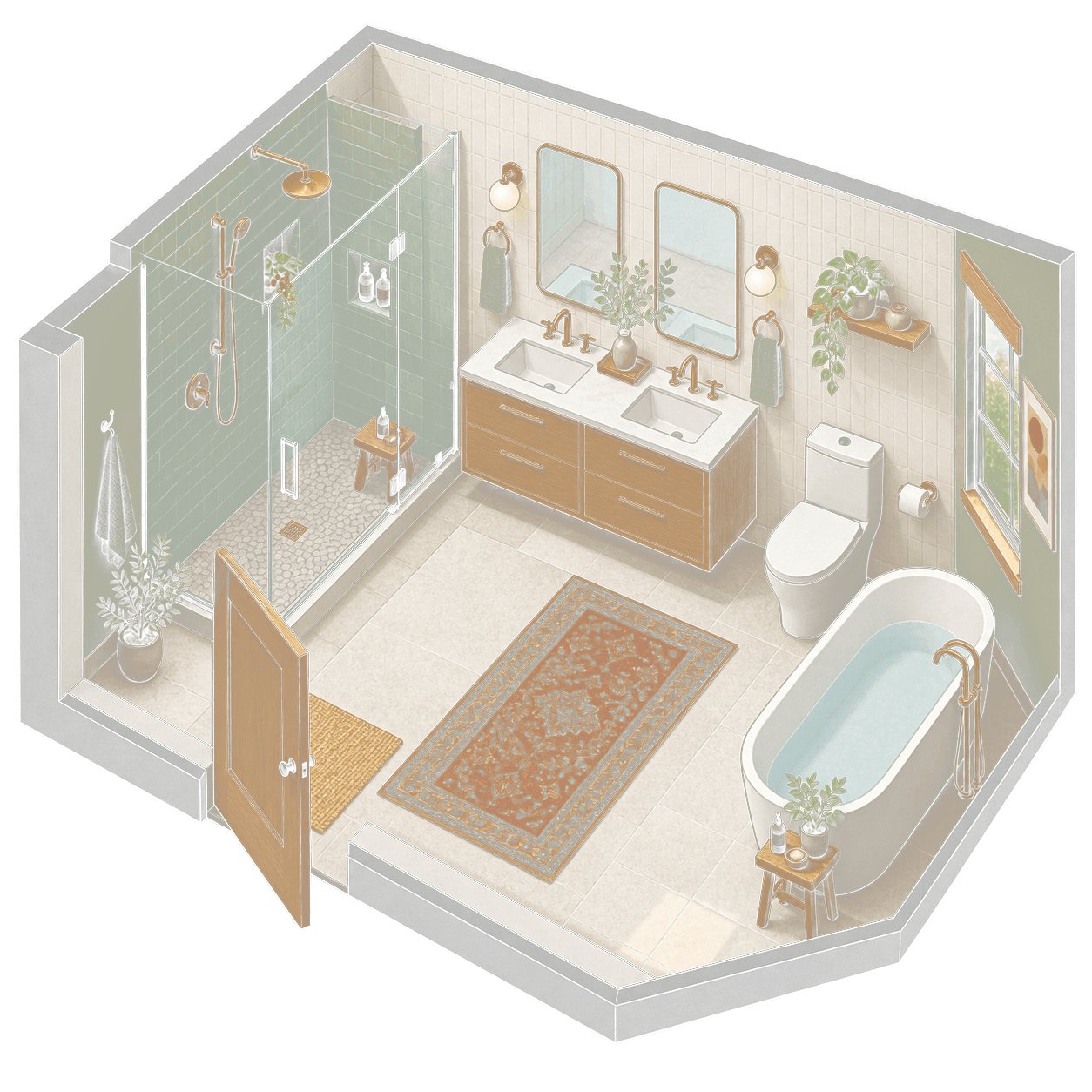 Illustration of a bathroom layout with a vanity, shower, and tub