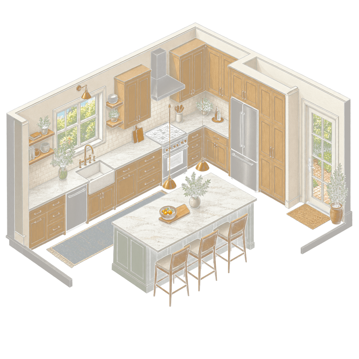 Illustration of a kitchen layout with cabinets and an island